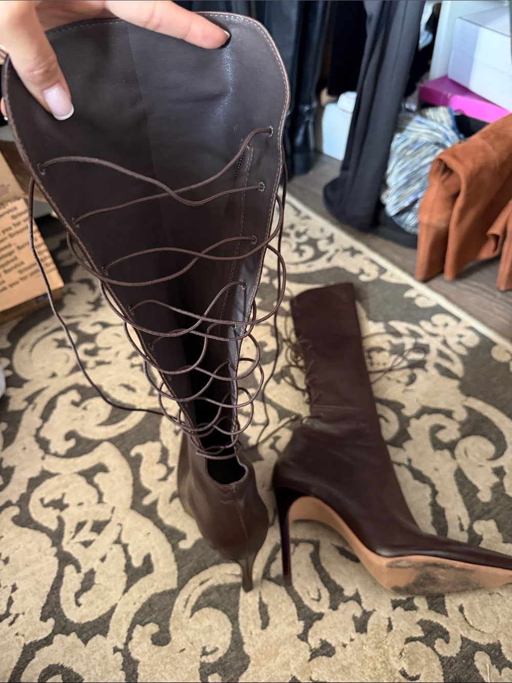 SCHUTZ Dark Brown Pointed-Toe Lace-Up Over-the-Knee Boots - Picture 2 of 3